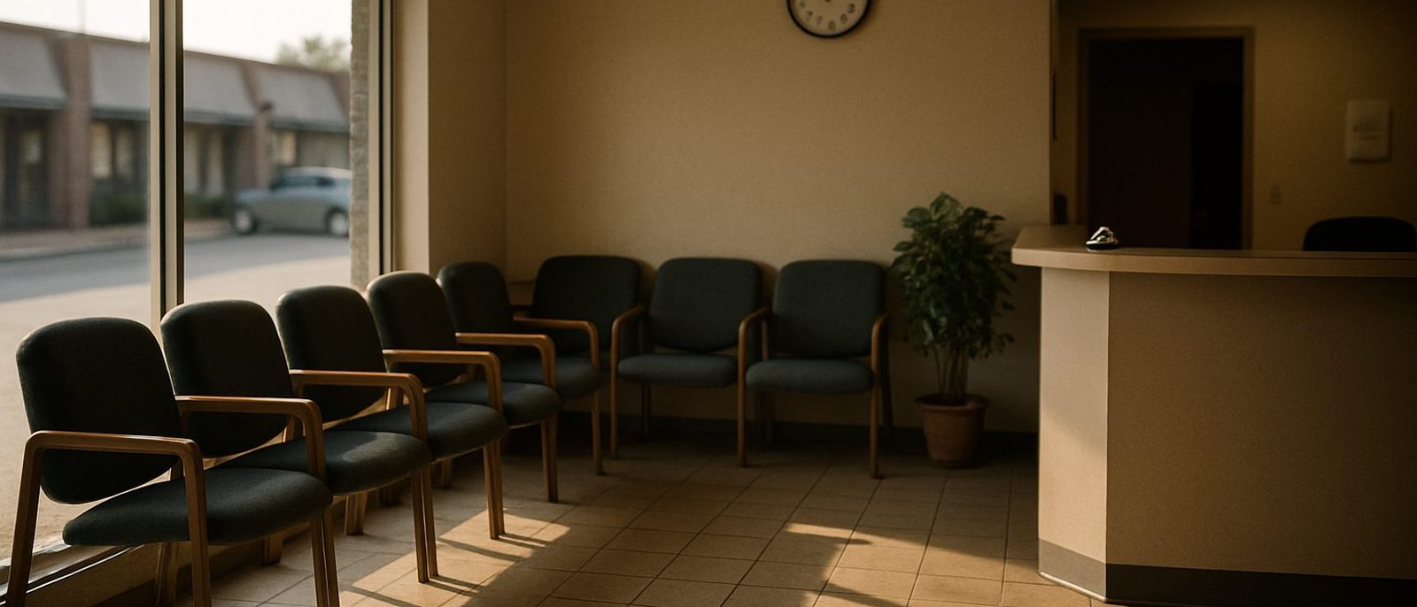 An empty clinic waiting room in a strip center with a row of upholstered chairs, a reception counter, and late afternoon light on the tile