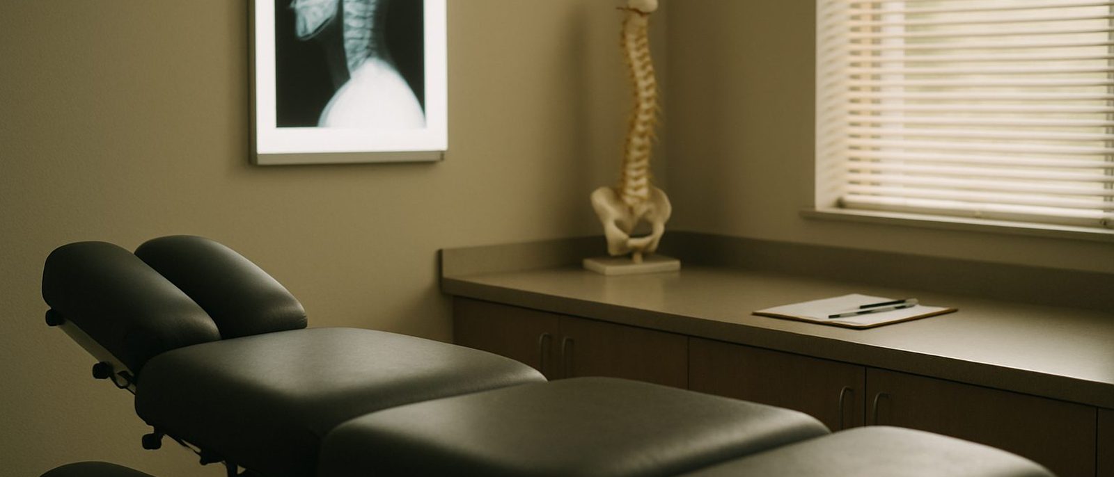 A chiropractic exam room with a treatment table, a glowing lightbox showing a cervical spine film, and a spine model on the counter
