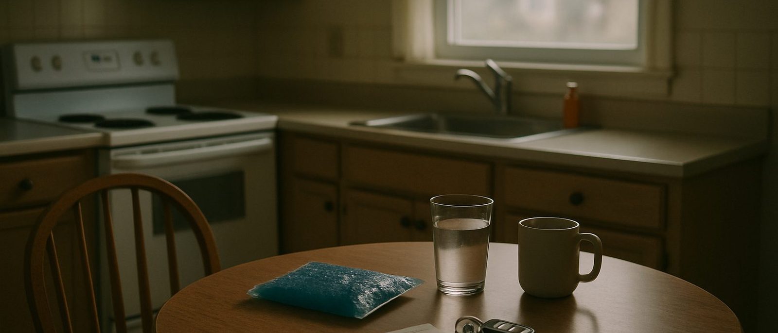 A kitchen table the morning after a crash with a gel ice pack, a glass of water, car keys, and a folded insurance card